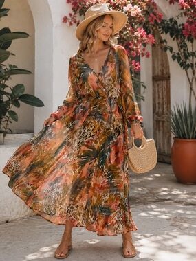 Bohemian Wrap Maxi Dress - Orange Multi Floral